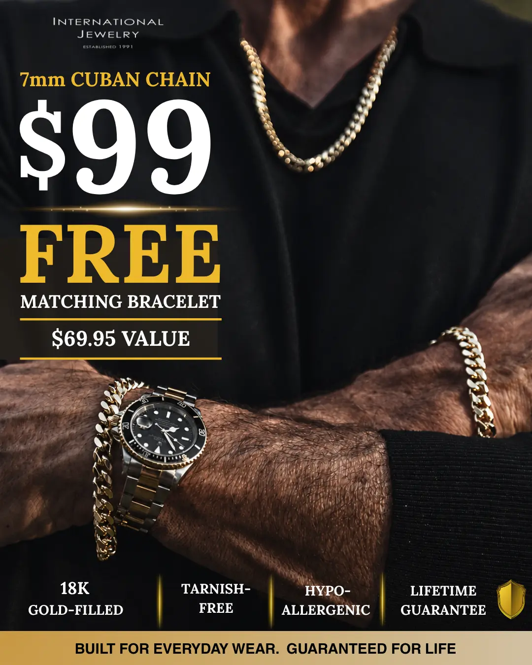 Men’s 18K Gold-Filled Cuban Chain (24 Inches, 7mm) + FREE Matching Bracelet | Tarnish-Free | Lifetime Guarantee | Perfect Gift for Men - Comes with Premium Gift Box & Storage Pouch