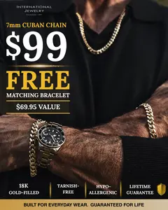 Men’s 18K Gold-Filled Cuban Chain (24 Inches, 7mm) + FREE Matching Bracelet | Tarnish-Free | Lifetime Guarantee | Perfect Gift for Men - Comes with Premium Gift Box & Storage Pouch