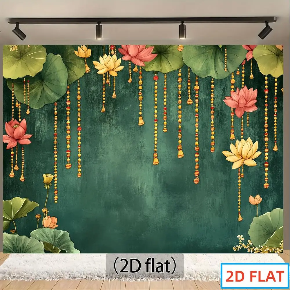 1pc Soft Durable Polyester Silk 2D Flat Floral Lotus Backdrop - 8ft×6ft/8ft/96inch/244cm x 6ft/72inch/183cm, Vibrant Pink,Yellow,Orange,Red,White Flowers,Water Lily,Green Leaves,Beaded Garland,Ribbon,Metal Geometrics on Dark Teal, Glam Wedding Event Decor