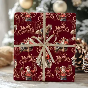 Vintage Santa Western Christmas Wrapping Paper Retro Santa Claus Cowboy Gift Wrap Xmas Holiday Rustic Wrapping Paper Roll