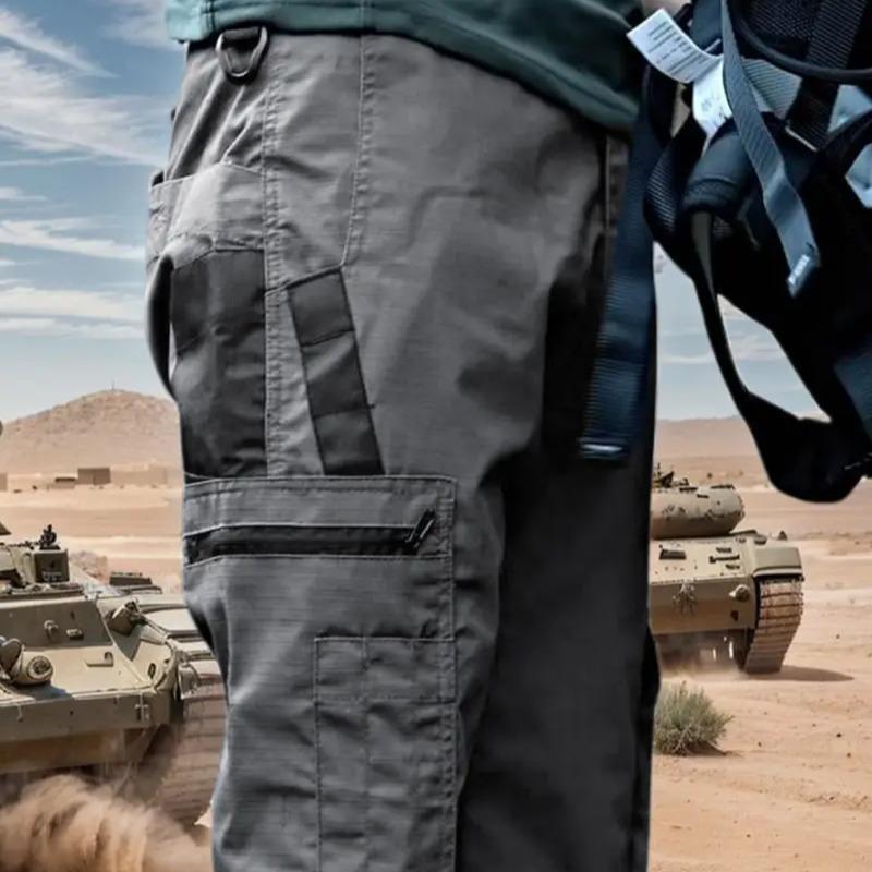 Men's durable outdoor training pants, men's multi-pocket work pants, men's solid color and printed pocket zipper waterproof tactical cargo pants without belt, regular fit sports pocket durable autumn pants.