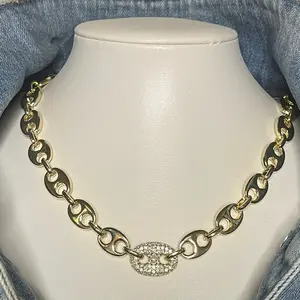 14k Gold Plated Mariner Link Pave Pig Nose Necklace for Women Fashion Jewelry Elegant Chain Design