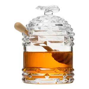 Crystal Bee Honey Dish Jar, Gift 6" - Glass Honey Pot with Dipper and Lid Cover for Home Kitchen Honey and Syrup, Gorgeous Bee Decor Beehive Honey Pot, Great for Jam, Honey, Jelly 14oz