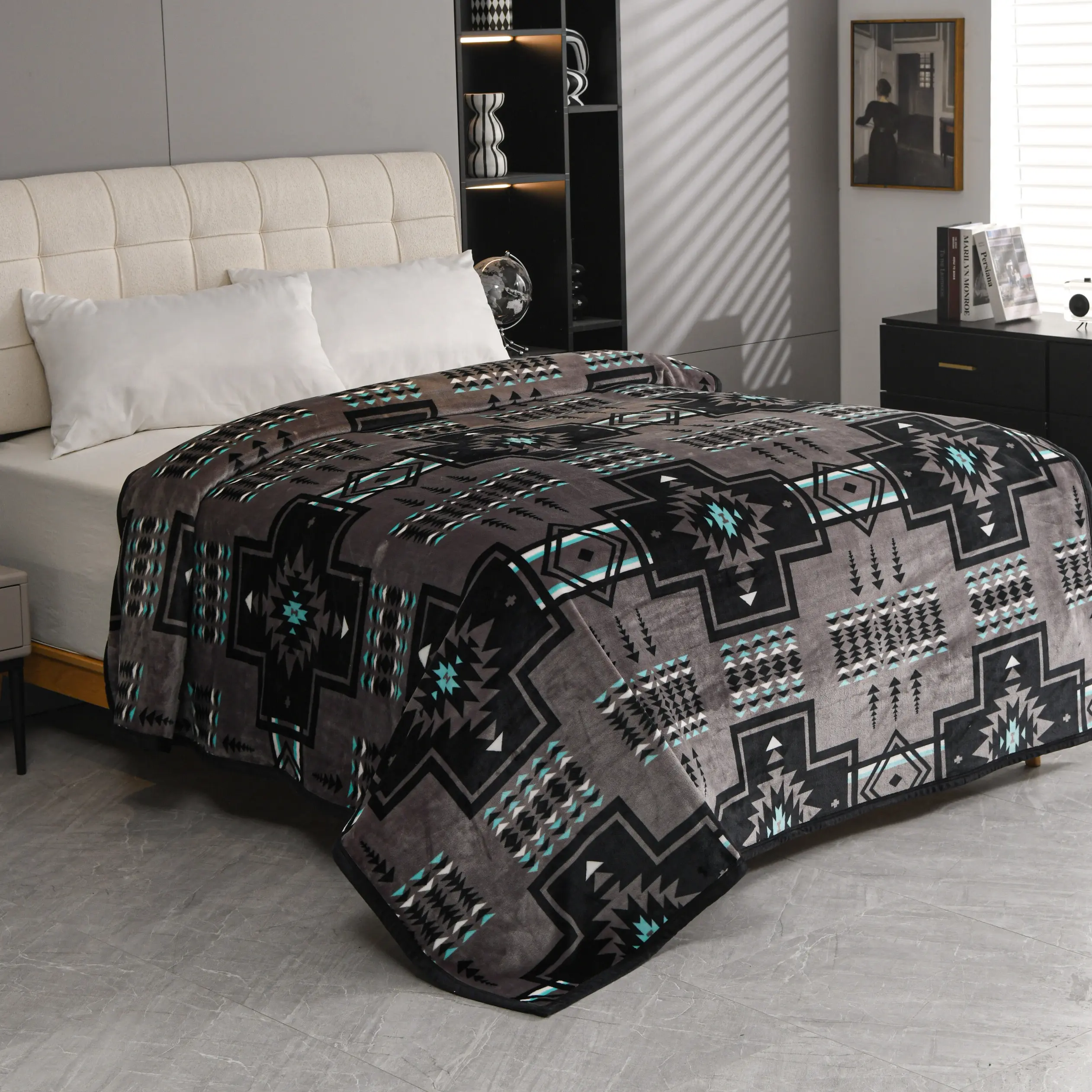 Oversized Super Plush Gray & Turquoise Southwest Aztec Flannel Blanket Oversized Super Plush Gray & Turquoise Southwest Aztec Flannel Blanket