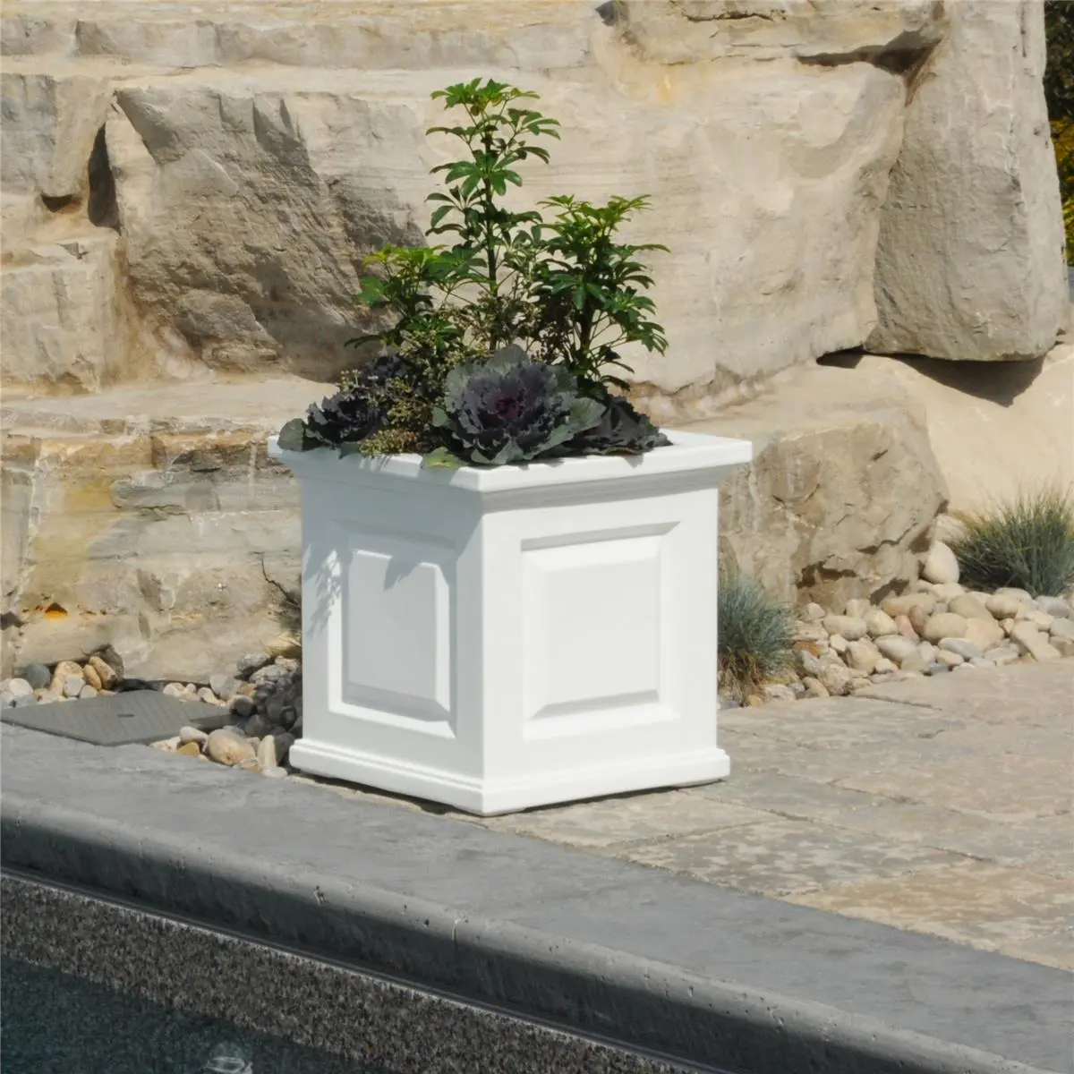 212 MAIN Nantucket Square Molded Plastic Large Outdoor Planter Pot - 16x16 in, White, Designer Look, Water Reservoir for Root Growth, Planters for Outside, Outdoor Planters