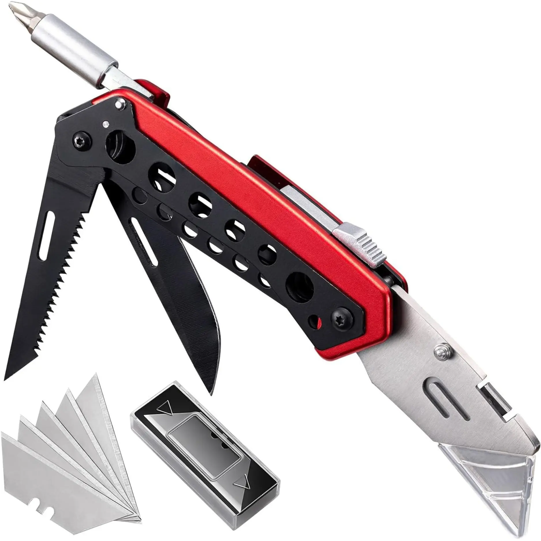 Heavy Duty Folding Box Cutter, Quick Change Utility Knife with 5 Extra Blades, Safety Lock, Belt Clip & Screwdriver for DIY, Warehouse & Packaging