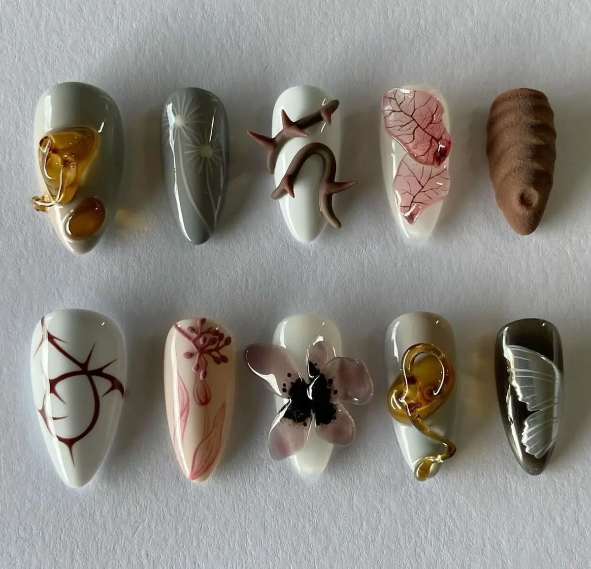 Botanical Whisper Press On Nails, 3D Thorns, Leaves, Resin Petals & Abstract Florals in Neutral Tones, Nature-Inspired Ethereal Nail Art Set