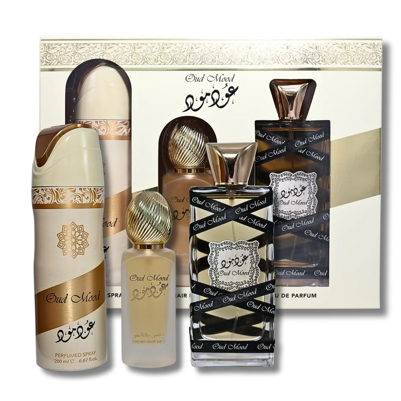 Lattafa Oud Mood Fragrance Gift Set, 3-Piece Unisex Collection with 3.4oz Eau de Parfum, 6.6oz Lotion & Hair Mist, Warm Spicy Oud & Amber Scent, Self Care Products, Fragrances, Adults, Caramel Amber, Edp Long Lasting, Multi-Pack, Sweet Smoky, Floral