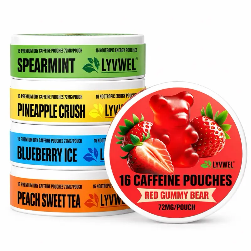 LyvWel 72mg Caffeine Pouches 5-pack Variety or solid flavors 1152mg per can Lip pillows No Sugar, Energy Booster Upper bunks blueberry ice, Pineapple, Cherry, Red gummy bear, Watermelon, Peach tea, Spearmint, Wintergreen, Mango crush, Pink lemonade