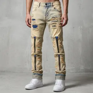 Men's Ripped Patch Jeans, Men's Patchwork Zipper Pocket, Mud Dyed Vintage American High Street Brushed Straight Leg Long Pants-#9 Top Rated Warehouse Storein  Streetwear -3382 baggy jeans for men old navy selvedge denim skinny jeans jeans pants for men ti