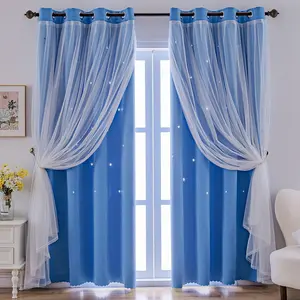 indistar Star Cutout Kids Window Blackout Curtains for Girl Bedroom Window Room Darkening Curtains & Drapes Baby Nursery Curtains (2 Panel,52Wx63L inch,Blue)