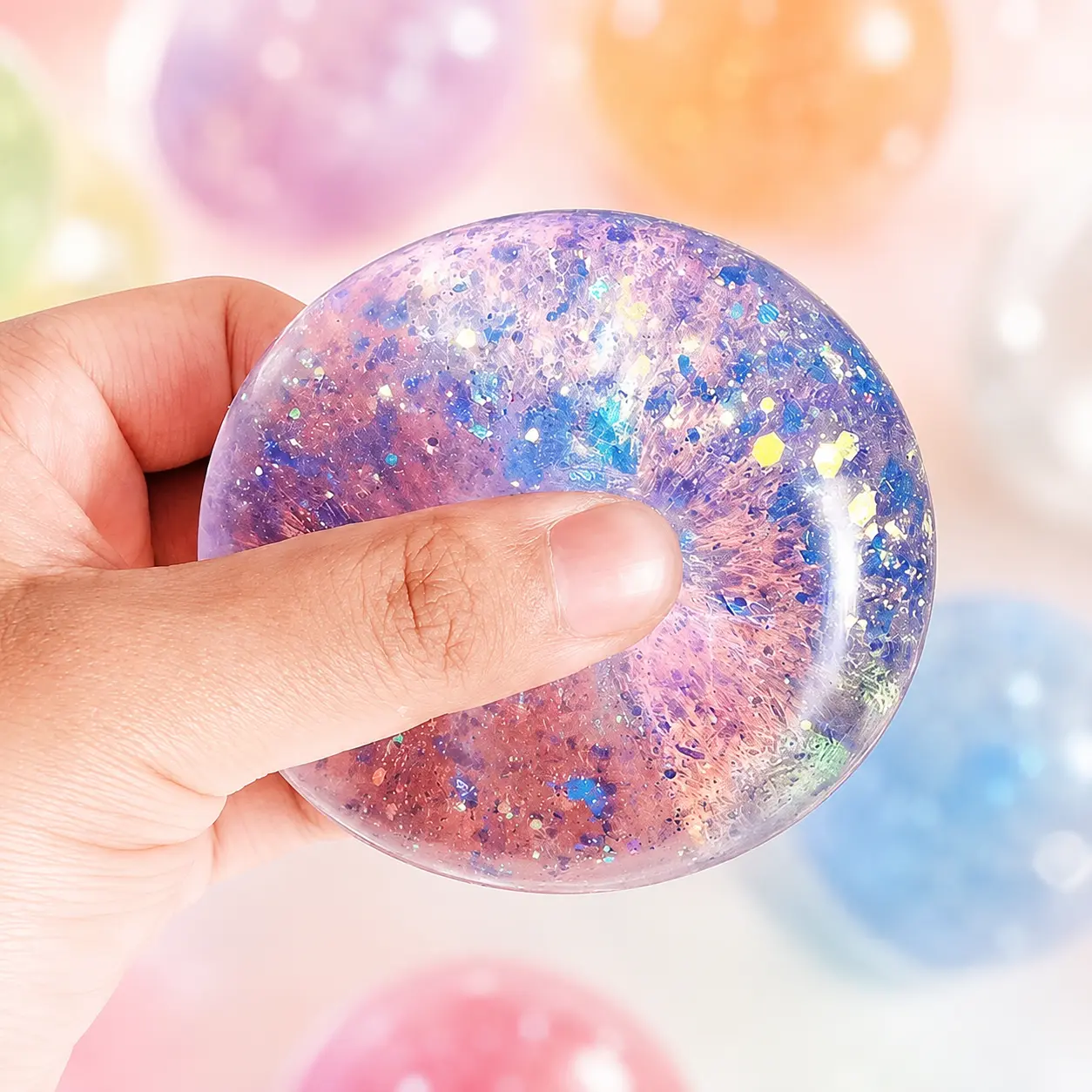 1PC Unisex Iridescent Sparkling Glitter Squishy Ball, Soft TPR Stress Relief Squeeze Toy with Elasticity, Durable Sensory Fidget Hand Toy, Relaxing Desk Gift