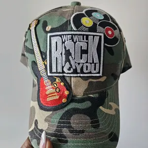 Rock Music Camouflage Unisex Baseball Cap with Guitar Patch and "We Will Rock You" Text Design