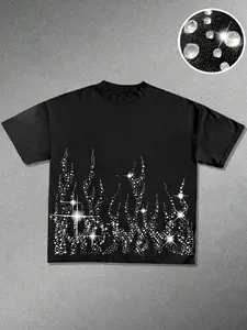 Men's Fitted Short Sleeve Round Neck T-Shirt, Hip Hop Flame Rhinestone Graphic Tee, Fashion Street Style Trendy Top, Casual Streetwear Looks