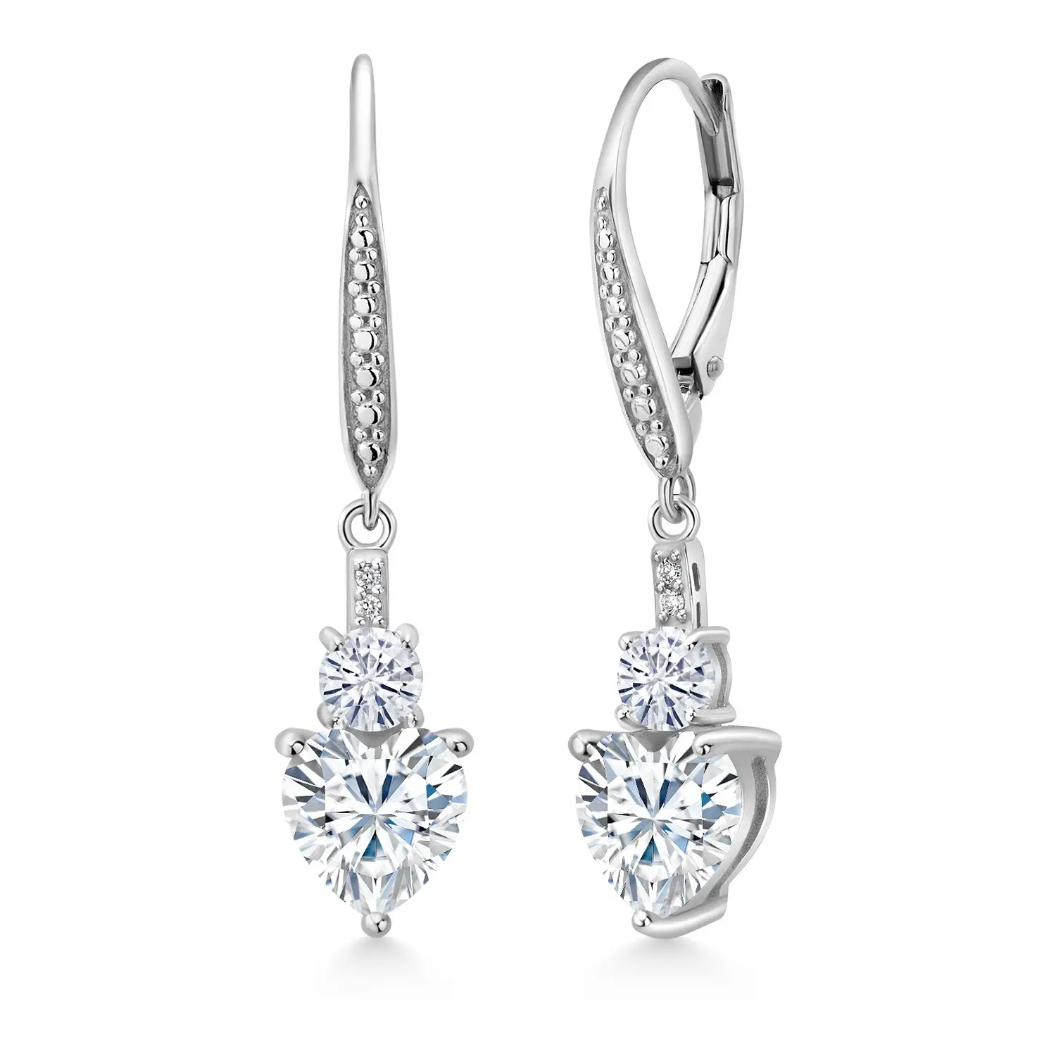Gem Stone King Leverback Drop Dangle Earrings for Women in 925 Sterling Silver | Gemstone Birthstone and White Moissanite with Lab Grown Diamond Accents | Heart 7MM & Round 4MM | Fine Jewelry Her Mom Wife