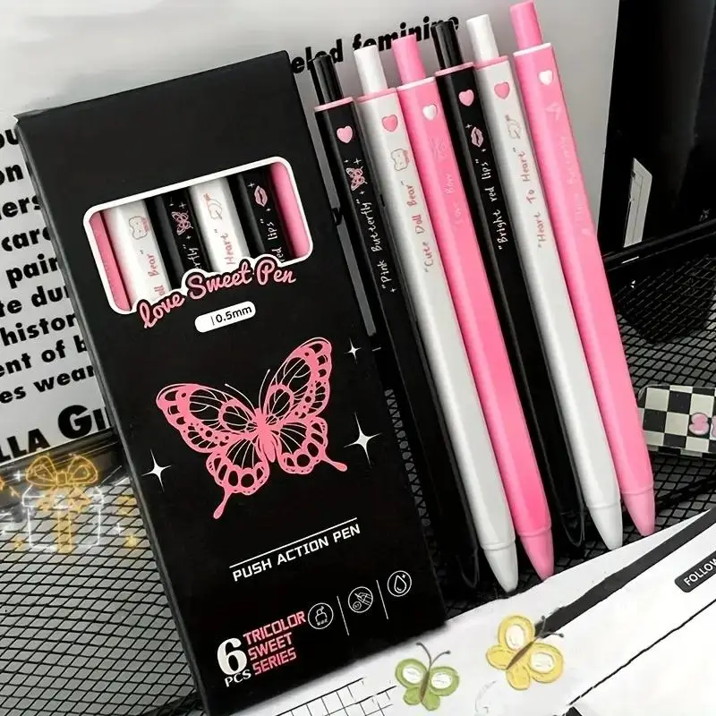 Black Ink 0.5mm Press Pen, 6 Counts/set Cute Butterfly Pattern Writing Pen, Stationery Supplies for Home School Office Dormitory