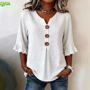 Women's Casual Fashion V-Neck Shirt, 3/4 Ruffle Sleeve Top with Decorative Wooden Buttons, Loose Fit for Slimming and Versatile,Suitable for All Seasons, Breathable Comfortable Fabric, Ideal for Office Work, Daily Wear, Weekend Outings,Beach vacation