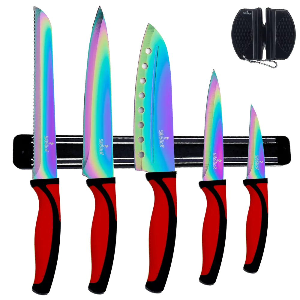 Kitchen Knife Set Kit | Red Handle & Black Magnetic Rack