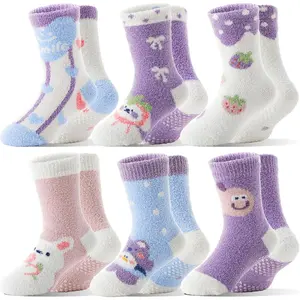 L-BN009   Kids Girls Toddlers Fuzzy Slipper Grips Socks Non Slip Warm Winter Fluffy Cozy Thick Fun Crew Gripper Socks 6 Pairs