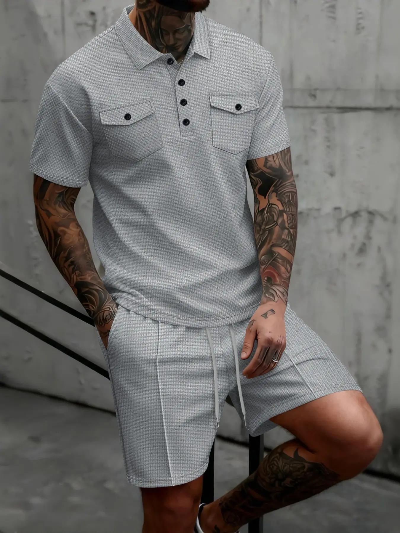 Summer Men's Waffle Polo Shirt Set, American Classic Retro Style Short Sleeve + Shorts Two-Piece Set, Casual Fashion Menswear Matching for All Body Types