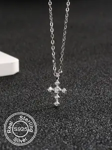 925 Sterling Silver Rhinestone Decor Religious Cross Pendant Necklace for Women & Girls, Fashion Jewelry for Party, Daily Decor, Trendy All-match & Exquisite Jewelry for Birthday Gift