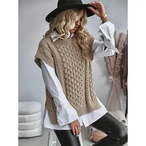 Women's Plain Split Hem Cable Knit Sweater Vest, Casual Sleeveless Round Neck Jumper Vest for Daily Wear, Ladies Knitwear for Spring & Fall