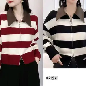 Jacket En Suera Super Calientita En Version Vinipiel  Womenswear Striped Zip-Up Cardigan for Women