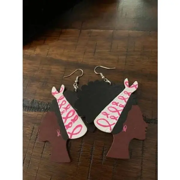 Sm Breast Cancer awareness earrings, breast cancer awareness jewelry, afro lady breast cancer awareness wood earrings,hand painted afro lady