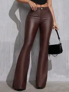 Women's High Waist High Elastic PU Coated Flare Pants, Comfortable and Stylish Long Trousers for Everyday Wear