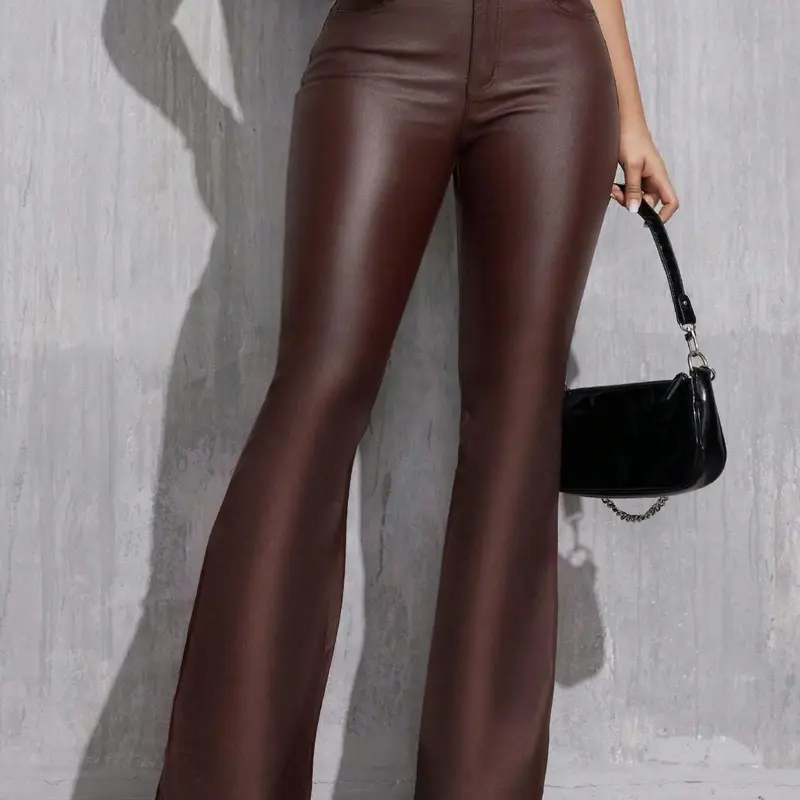 Women's High Waist High Elastic PU Coated Flare Pants, Comfortable and Stylish Long Trousers for Everyday Wear