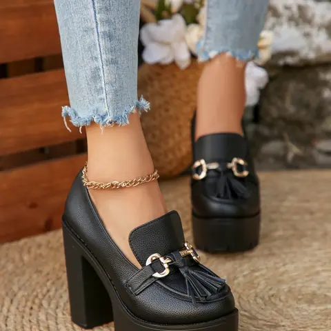 Women's Fashion Elegant Classic High Heels Chunky Pumps, Embellished Heels Metal Decor Faux Fur Design, Stage Style Thick Sole Punk Shoes, All Season Wedding Comfortable Wear Elegant Party Holiday Shoes