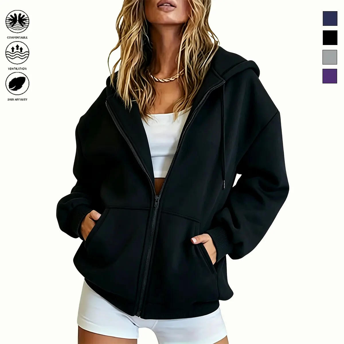 Women’s casual hooded zip-up sweatshirt, women’s lightweight jacket, women’s top, solid color, suitable for outdoor sports and casual wear, women’s top