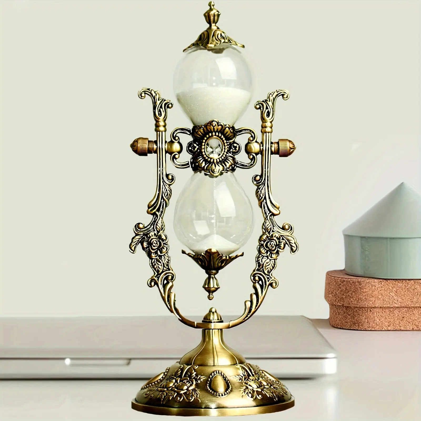 Brass Decorative Sand Timer with Vintage Antique Carved Frame, Rotating Metal Hourglass for Kitchen, Unique Home Office Desk Gift Decoration, Room Decor, Decorating