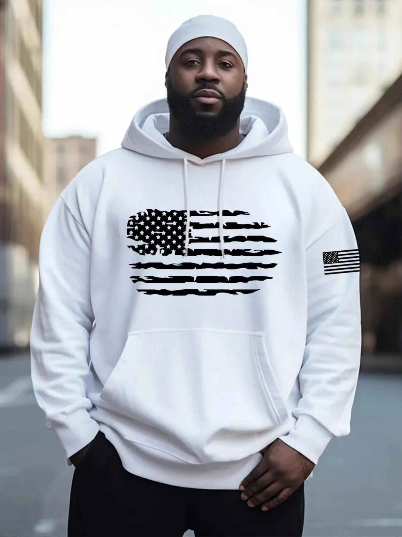 【Plus Size】 American Flag Print Drop Shoulder Hoodie, Fashion Casual Regular Fit Drawstring Pocket Hooded Sweatshirt for Daily Holiday Outdoor Wear, M