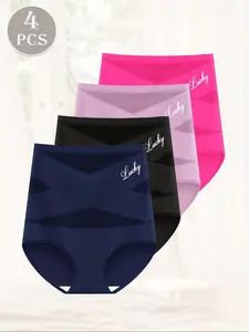 Women's High-Waisted Breathable Mesh Panties, Cross-Strap Seamless Triangle Underwear, Fitted Plain Chic Design for All Seasons Womenswear