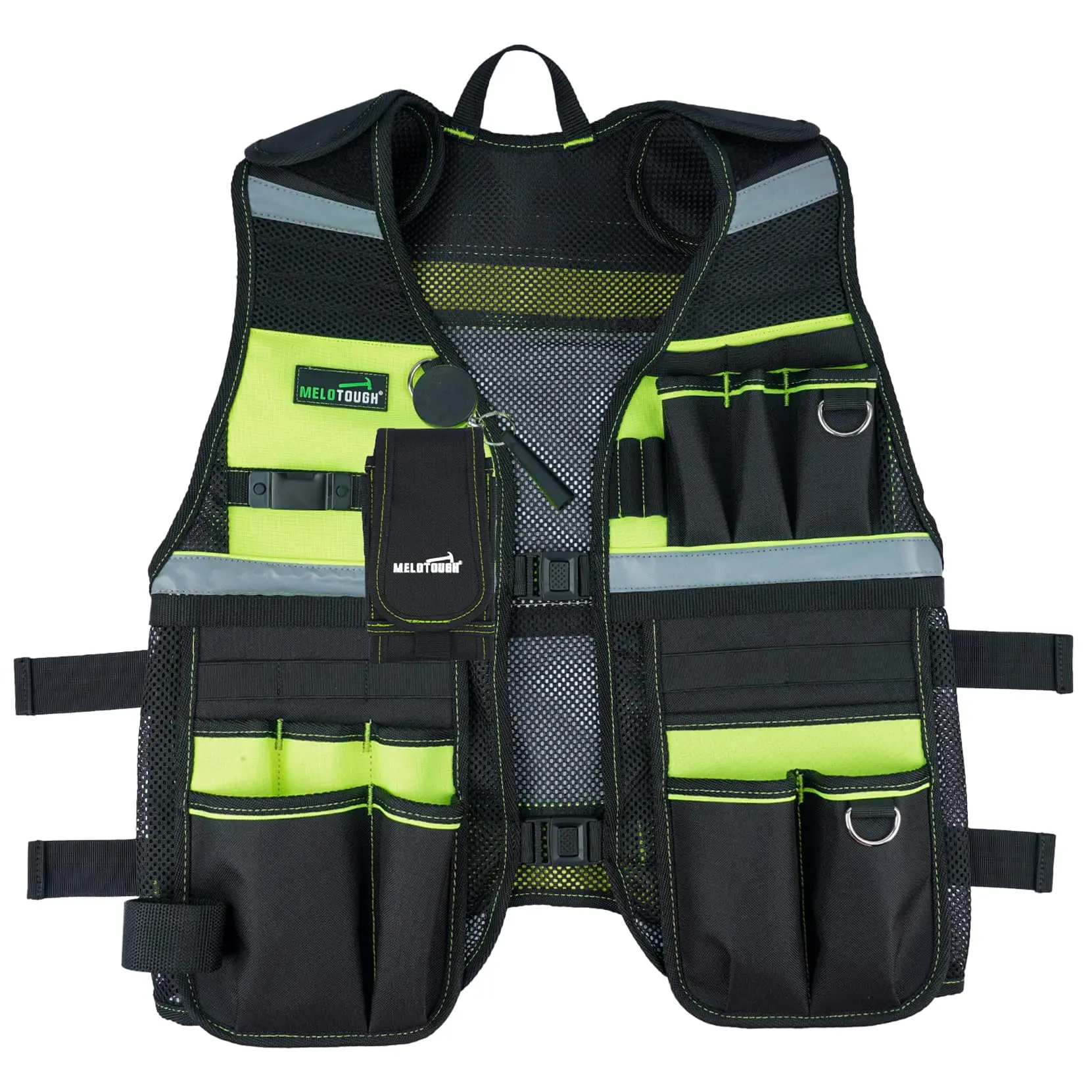 MELOTOUGH Tool Vest Reflective Safety Tool Vest with Removable Phone Holder,Retractable Pen Holder for Electrician,Carpenters,Construction(Lime) Electrician Safety tool organizer Electrician Safety suspender