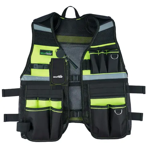 MELOTOUGH Reflective Adjustable Vest - Mesh Fabric, Hook-and-Loop Closure, Removable Phone Holder, Retractable Pen Stays Handy, 11 Multi-Pocket Suspender Tool Organizer for Night Work Electricians (Lime)