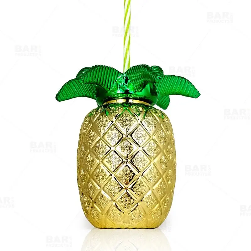 BarConic® Reusable Plastic Gold Pineapple Water Bottle, 24oz, with Washable Lid and Straw, Water Bottles