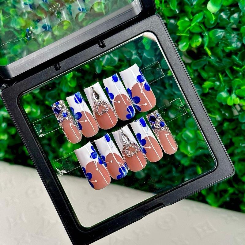 ACRYLIC Blue Flower White French Tip Bling High Quality Hand Made Custom Press On Nails Long Medium Square Coffin Almond Stiletto