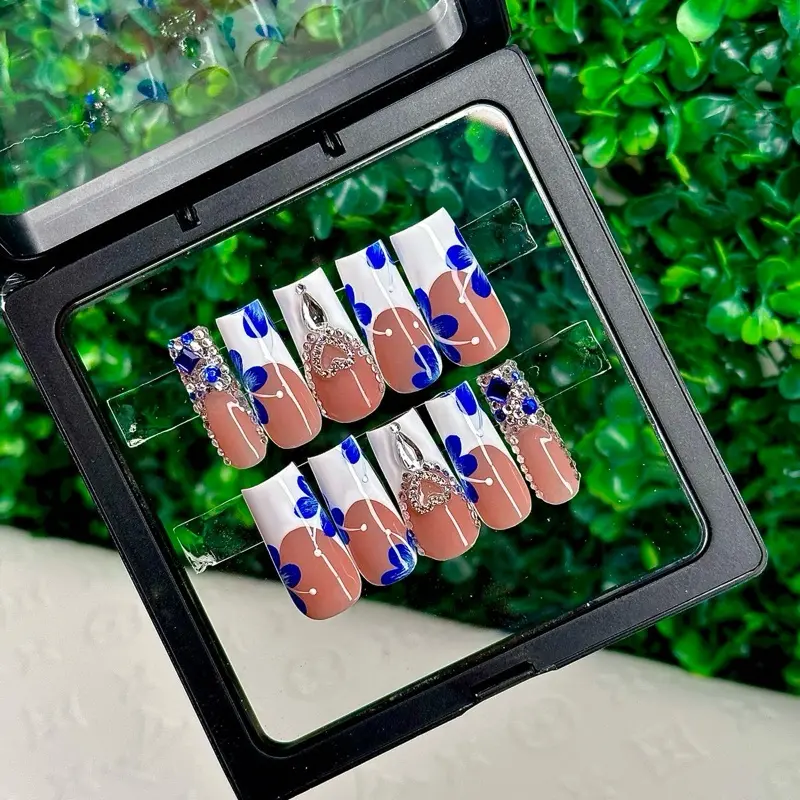 ACRYLIC Blue Flower White French Tip Bling High Quality Hand Made Custom Press On Nails Long Medium Square Coffin Almond Stiletto