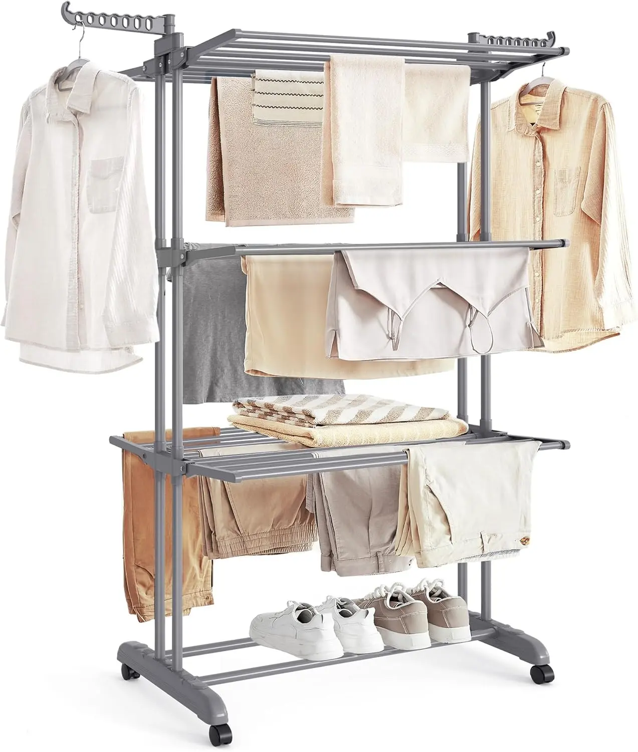 SONGMICS Clothes Drying Rack, Foldable, Rolling, Laundry Stand, Steel, PP Plastic, Easy to Assemble, Indoor Outdoor Use