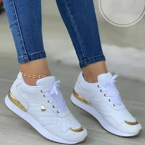Women's White & Golden Quilted Low-Top Sneakers - Non-Slip PU Sole, Breathable Fabric Lining, Lace-Up Casual Sports Shoes for Spring, Versatile Outdoor Walking Shoes, Ladies Sneakers, Stylish Laceups, Durable Traction Footwear, Fashion Sneakers, Lightweig