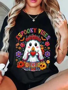 100% Cotton Unisex Espooky Vibes Spanish Mexican Halloween Ghost Teacher Boo T-Shirt Casual Top