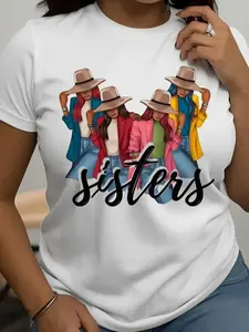 - Women'S Casual SISTERS Graphic T-Shirt - Short Sleeves, Round Neck, Machine Washable, White With Vibrant Sisterhood Design, Comfortable For All Seasons, Daily Wear T-Shirt Playful Graphic Tee S
