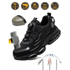 Men's Breathable Mesh Work Sneakers Durable Anti-Slip Safety Shoes with Steel Toe Protection Comfort Fit for All Seasons Casual Striped Design Elastic Closure Non-Slip EVA Sole Black Gray Soft Bottom Fabric Upper TPU Outsole