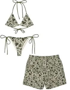 Light Green Matching Duck Camo Swimwear Set for Couples -Swim Bra & Tie Bikini Set, Couple Trendy Camo Bikini And Short
