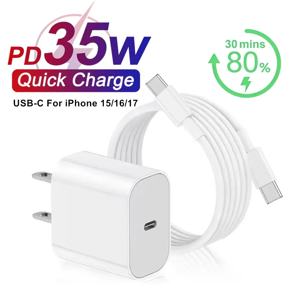 35w USB-C PD Fast Charger for iPhone 15 16 17 Pro Max, Type C to Type C Data Cable, Quick Charge Adapter, Phone Accessories Set