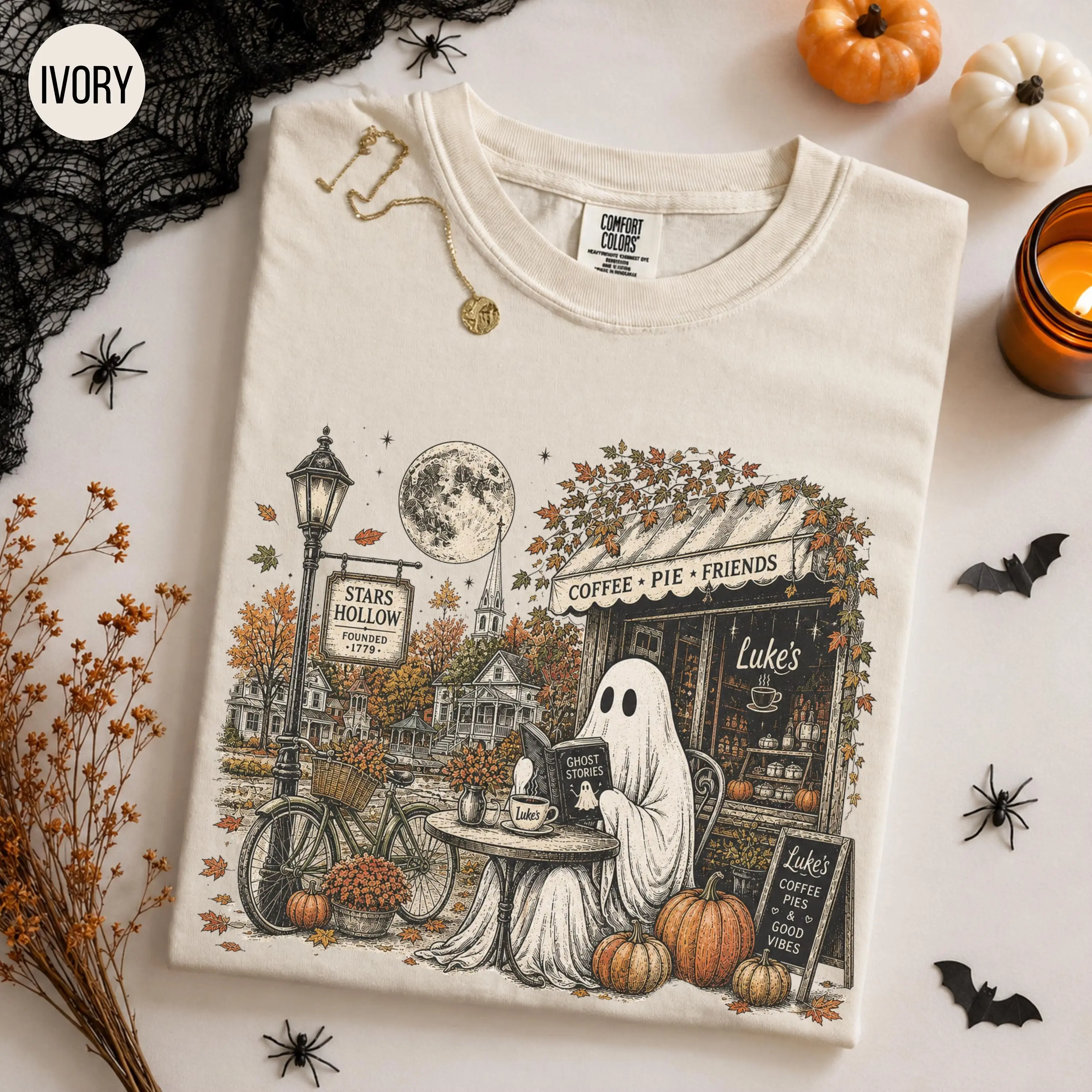 Stars Hollow Ghost Comfort Color T-shirt, Luke's Diner Fall Tee, Gilmore Girls Inspired Comfort Colors Shirt, Autumn Coffee Lover Gift, Halloween Tee