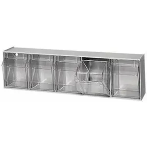 Quantum Storage Systems 5 Compartment White Small Parts Tip Out Stacking Bin Organizer 23-5/8" Wide x 6-1/2" High x 5-1/4" Deep, Polystyrene Frame, 4-1/4" Bin Width x 5-3/4" Bin Height x 3-3/4" Bin Depth QTB 305 WHITE