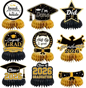 Graduation Decorations 2026 - Black Gold Graduation Honeycomb for Table Centerpiece | Graduation Party Decorations Class of 2026,Table Toppers for Graduation Party Favors Supplies Indoor Outdoor OHOME